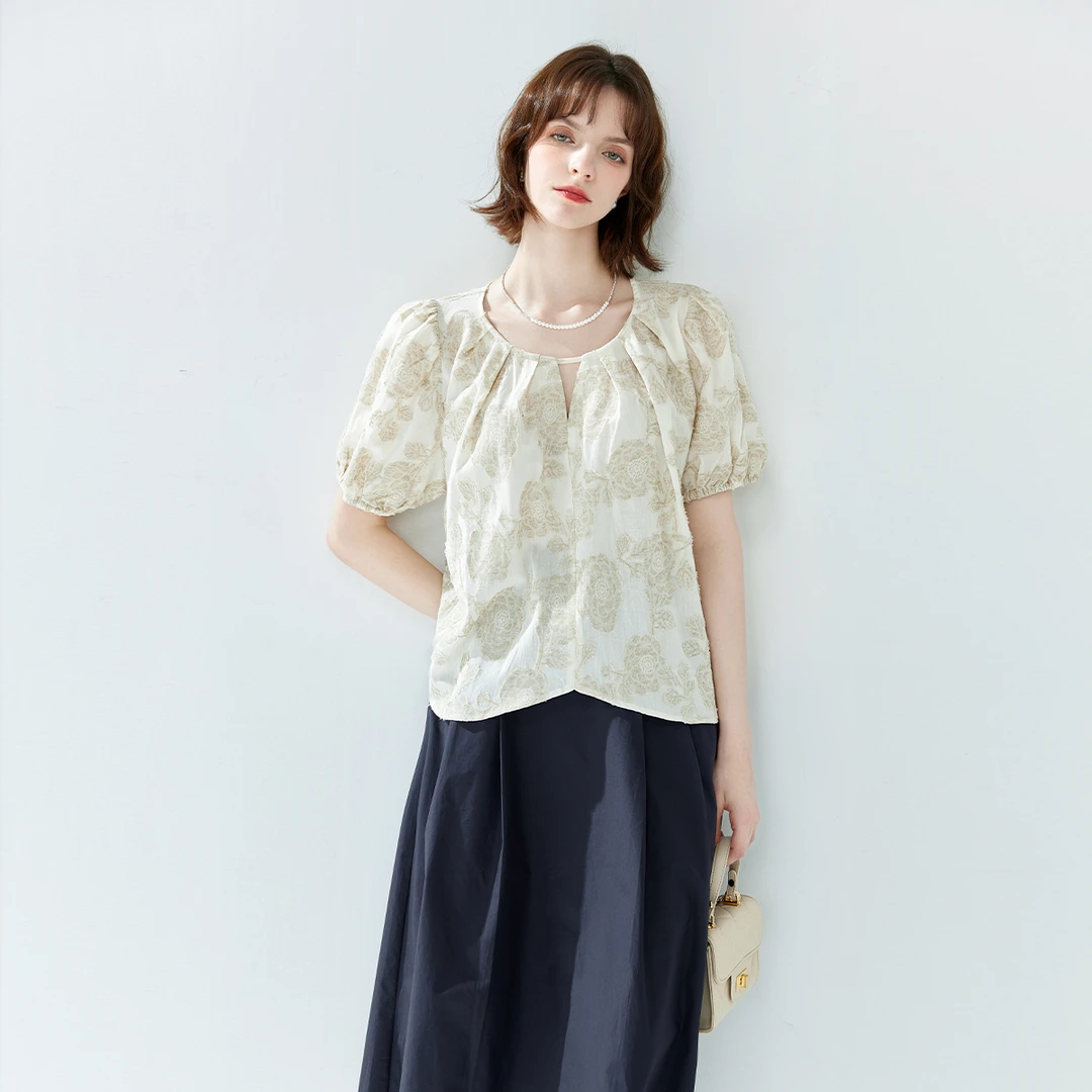 【粉丝专享】夏款蕾丝花边圆领提花浮做旧设计国风新中式百搭衬衫女