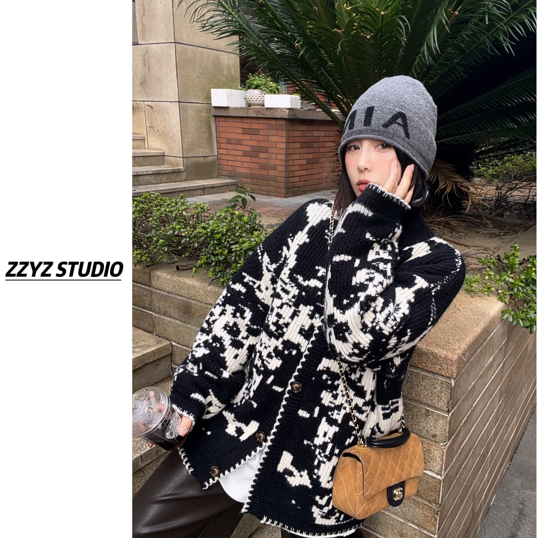 【ZZYZ】“唐顿庄园”设计师款时髦费尔岛提花羊毛立领外套开衫