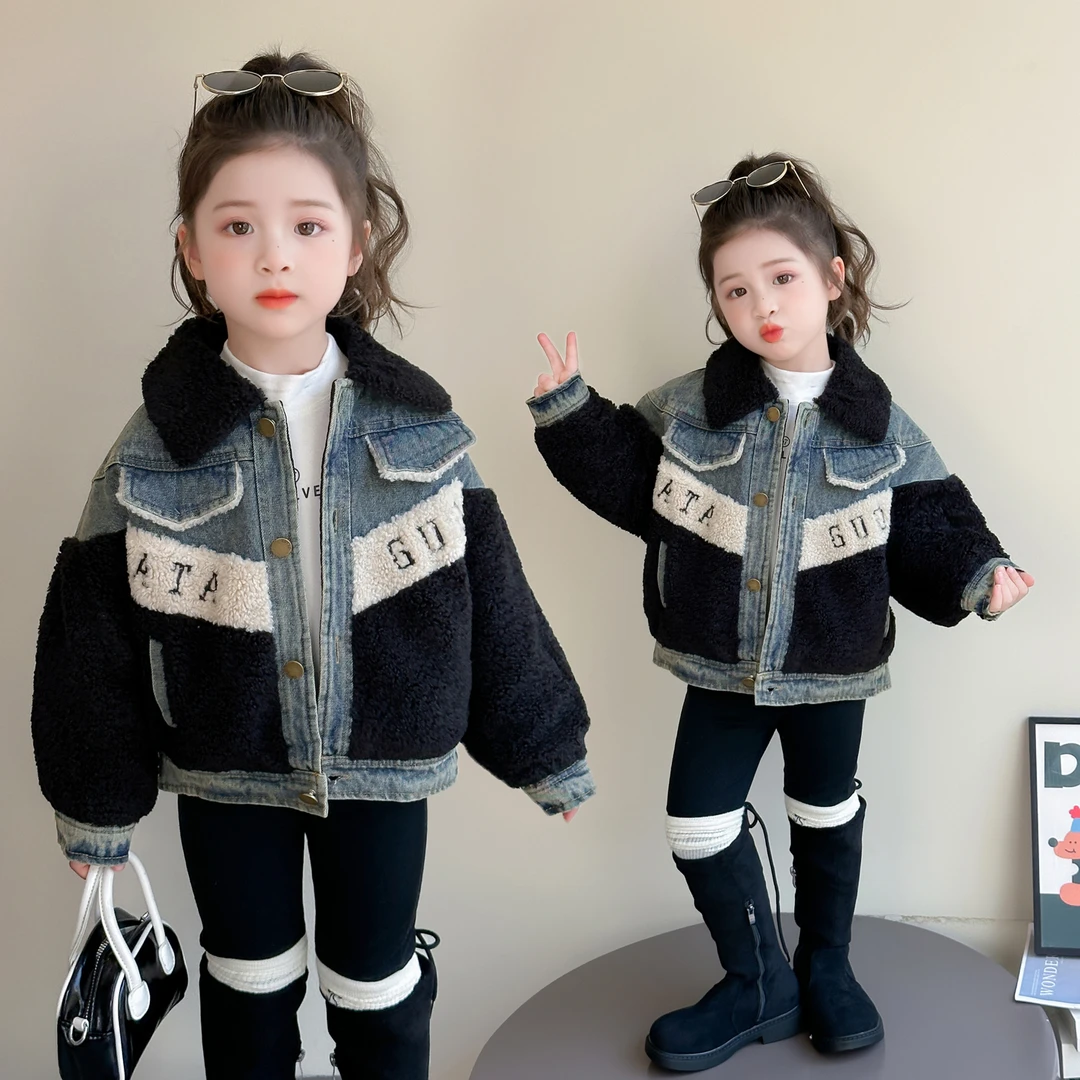 2025年潮流新款秋冬季加厚女童时尚牛仔外套儿童洋气韩范小女孩