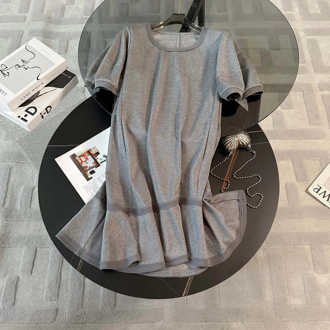 女夏新款时尚休闲气质连衣裙韩版显瘦圆领泡泡短袖鱼尾拼接连衣裙