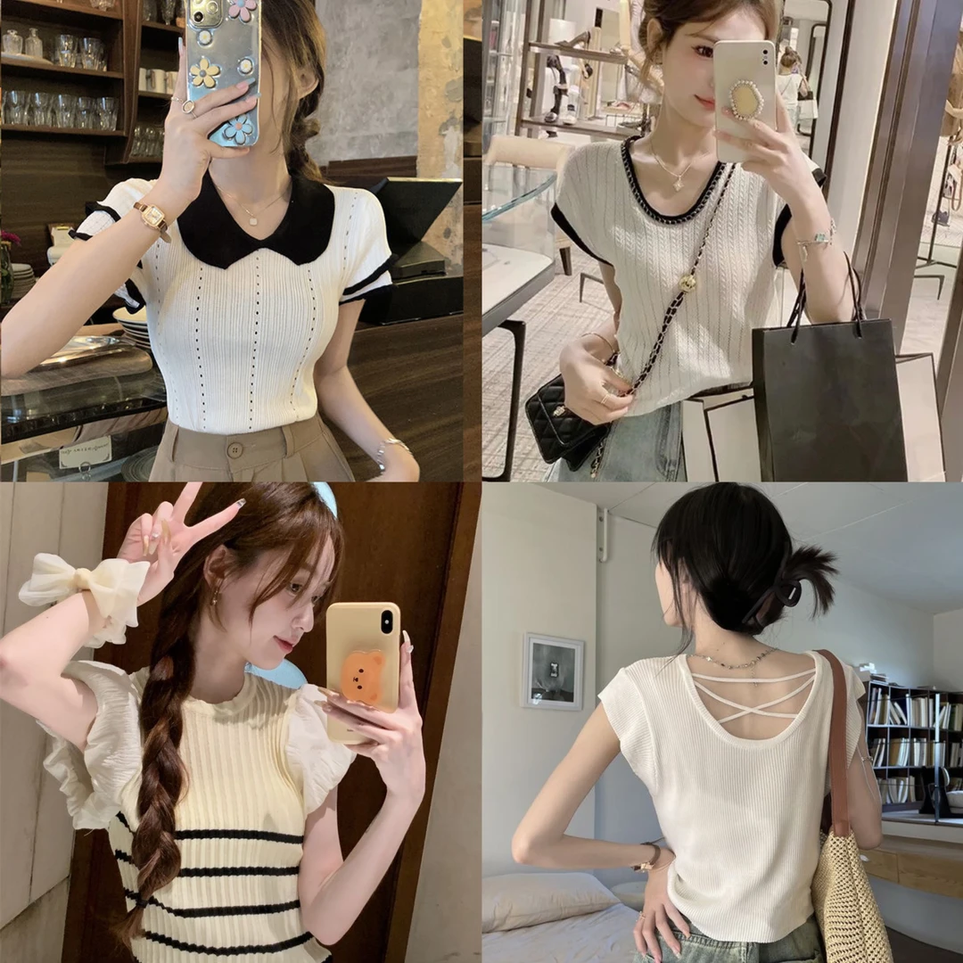 瑜 高腰修身露脐辣妹短款小个子薄款显瘦针织上衣百搭夏季