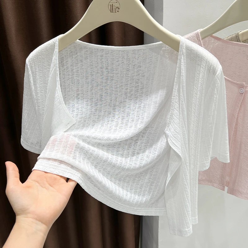 白色防晒针织短款一粒扣开衫女夏季吊带裙外搭圆领短袖薄款小罩衫