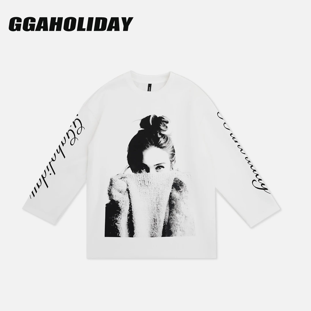 GGAHOLIDAY秋季宽松休闲白色街头个性百搭印花套头长袖T恤-153162