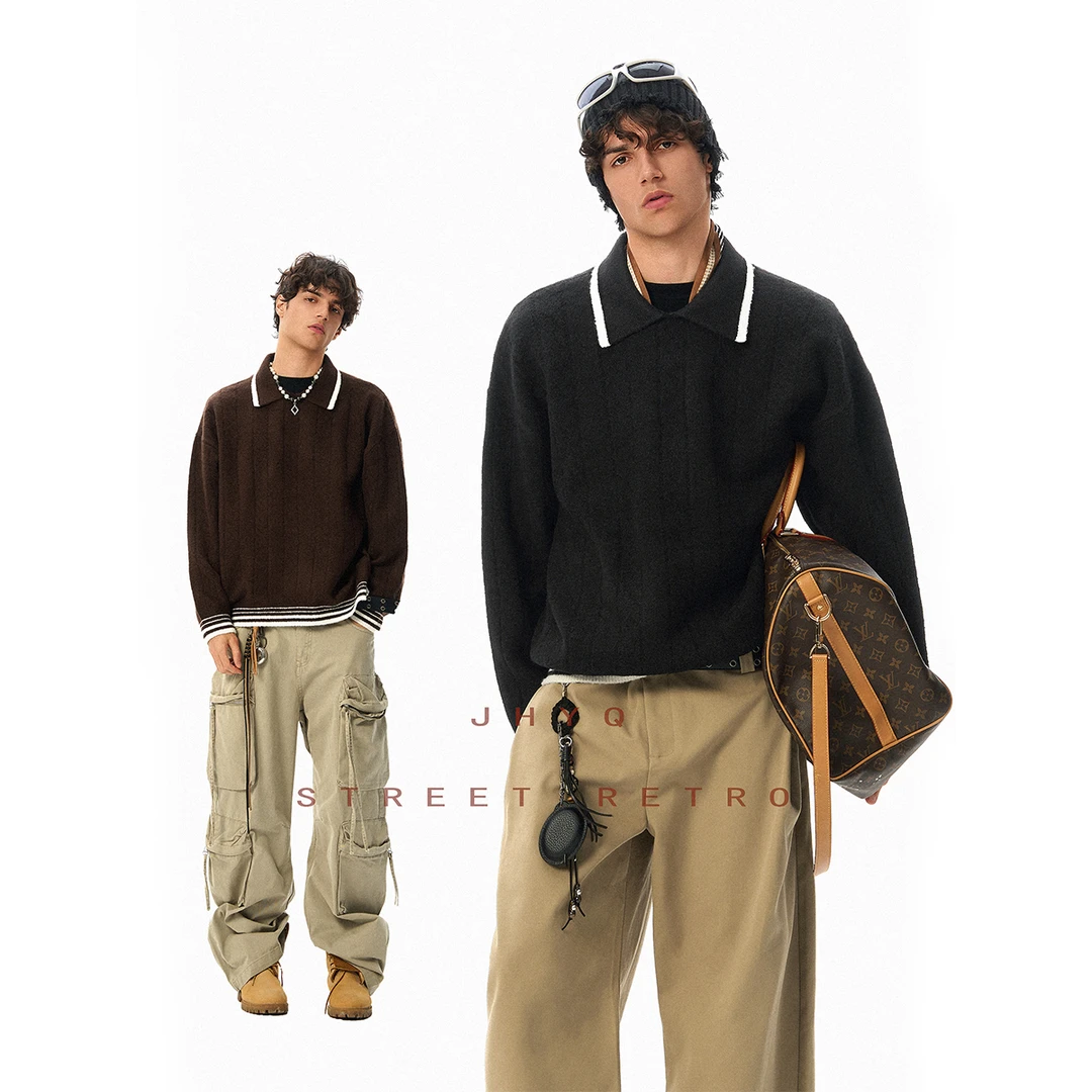 【JHYQ】美式复古撞色条纹翻领毛衣男秋冬宽松慵懒针织衫外套26220