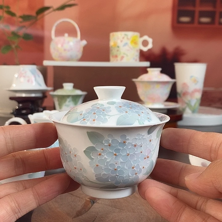 绣球花盖碗釉下手绘高温