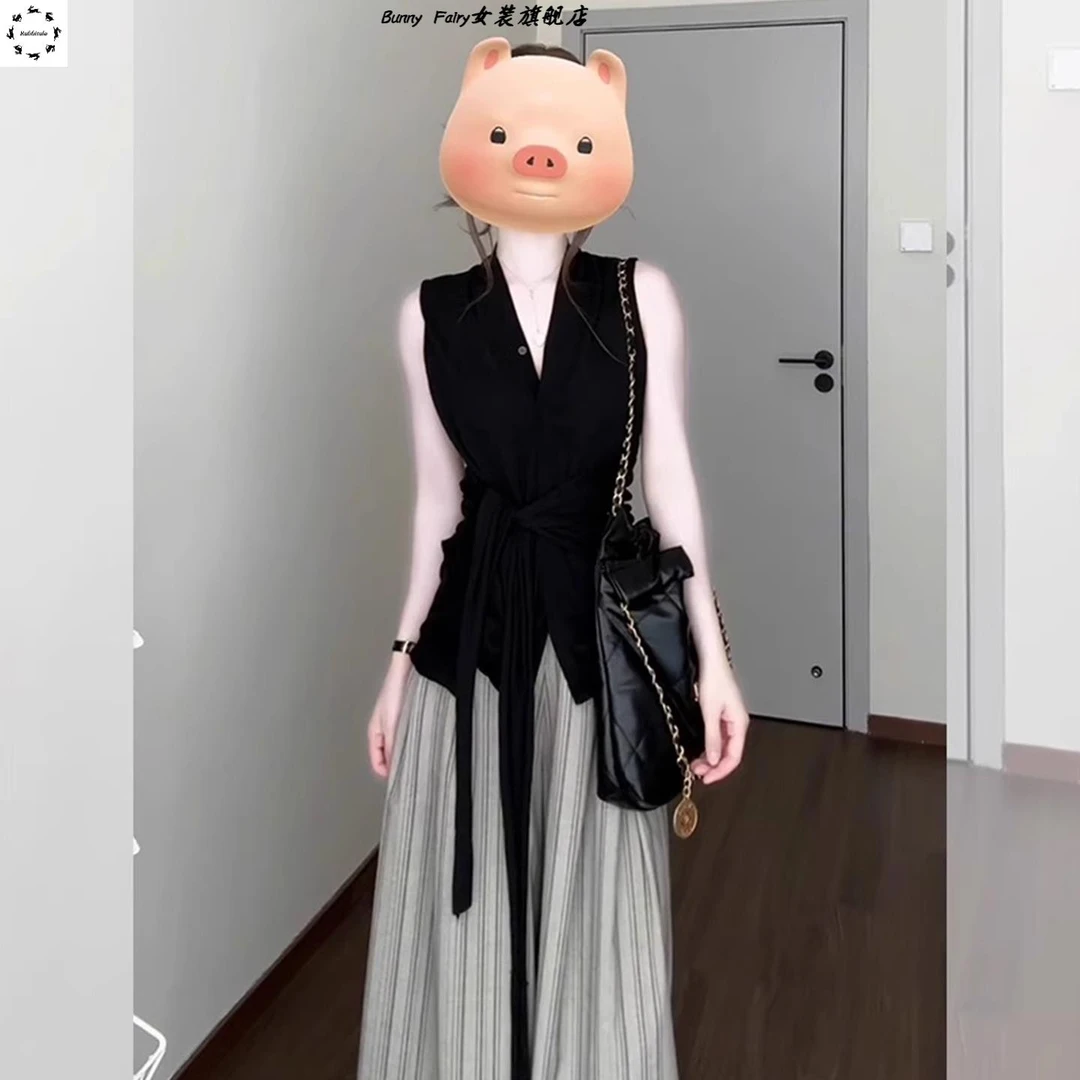 夏日穿搭一整套大码胖mm无袖上衣条纹阔腿裤高级独特巨好看套装女