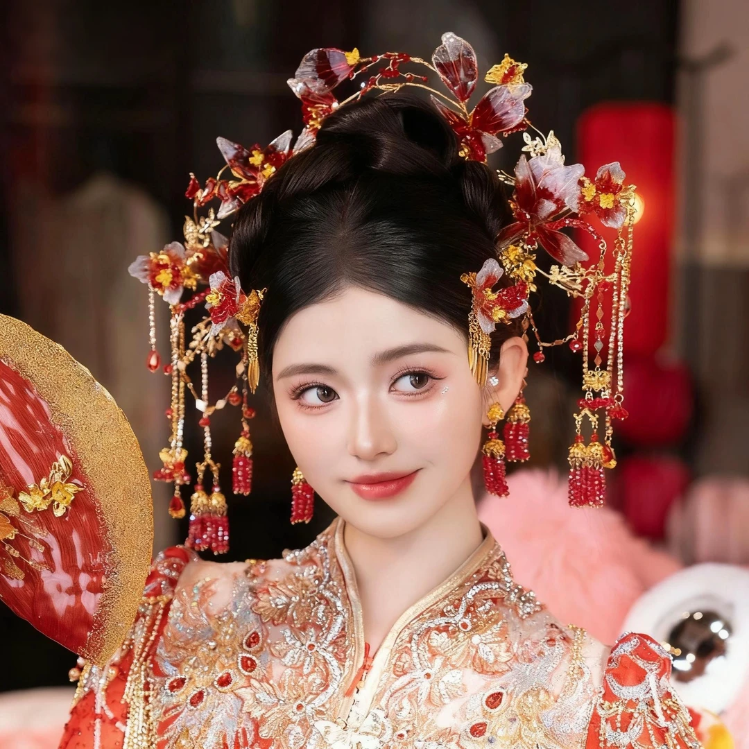 D17喜看新款红金色新中式秀禾新娘头饰