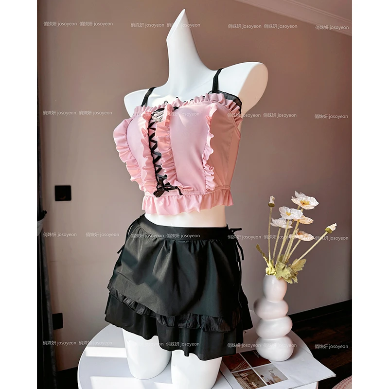 韩国ins夏季纯欲风小胸聚拢高腰显瘦吊带裙式分体泳衣温泉泳装女