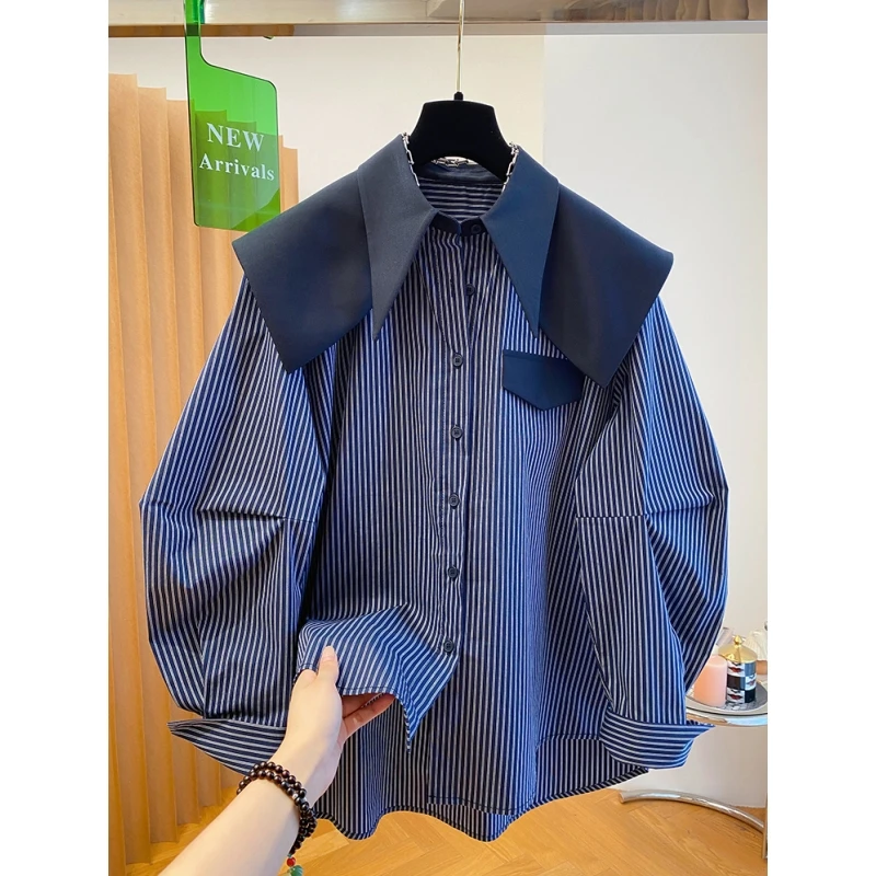 P820别致娃娃领披肩条纹衬衫女新款韩版宽松蓝色海军领大翻领上衣