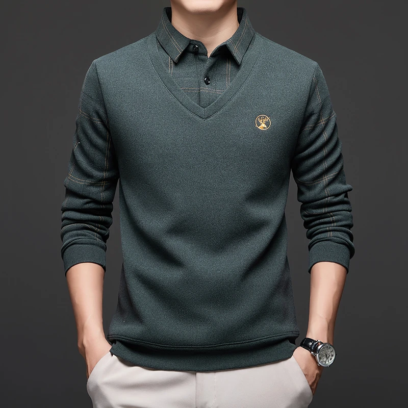 Mexican/稻草人男士加绒加厚桑蚕丝羊毛假两件时尚休闲保暖长袖