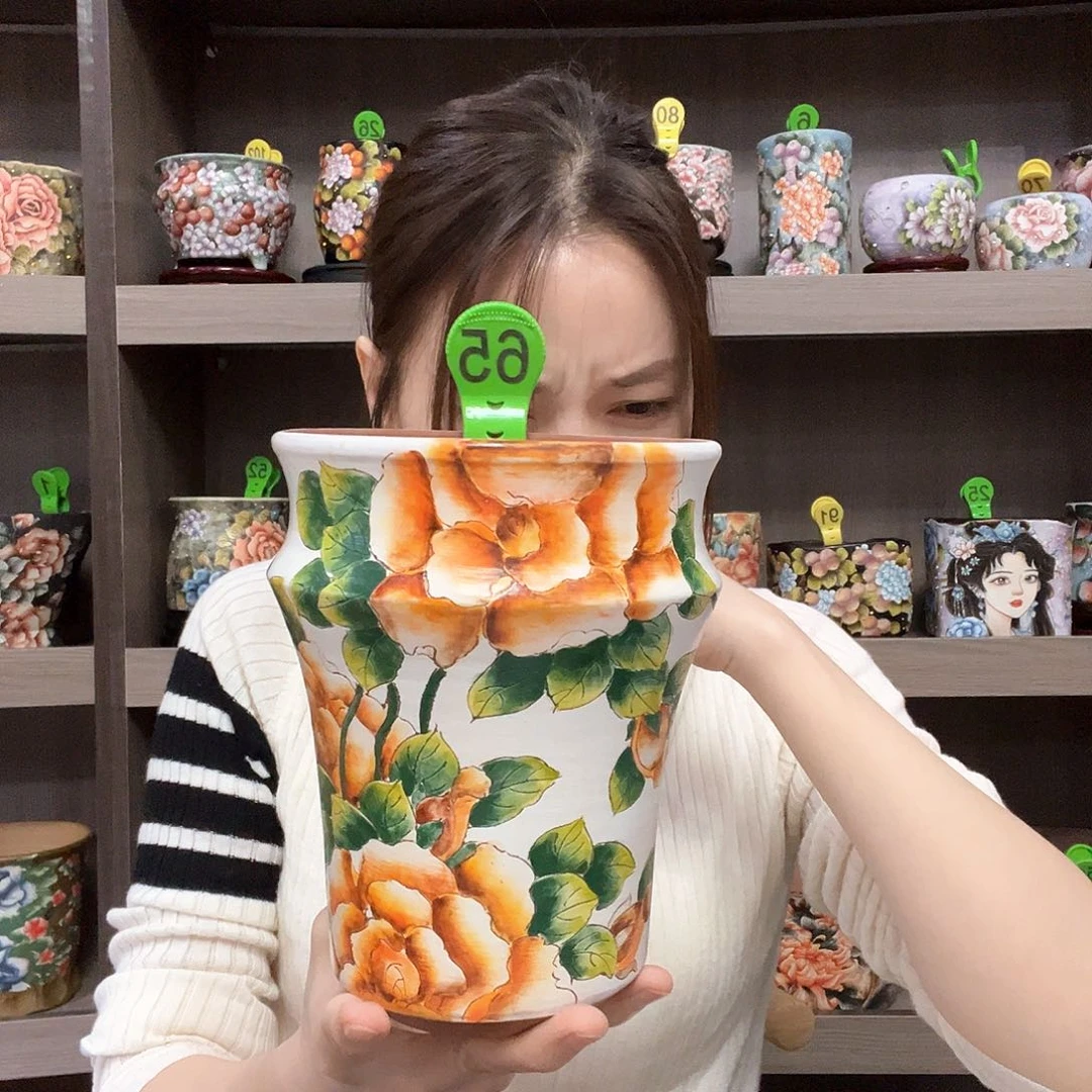 花物手绘陶瓷花盆口12高16.6