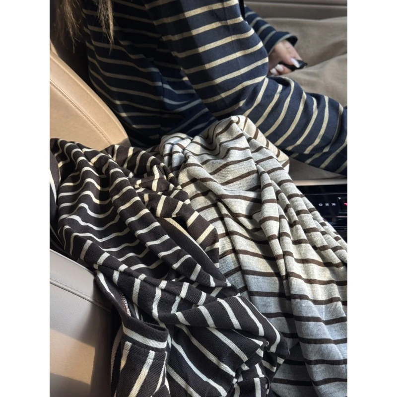 日系复古撞色条纹圆领长袖T恤百搭秋宽松打底衫