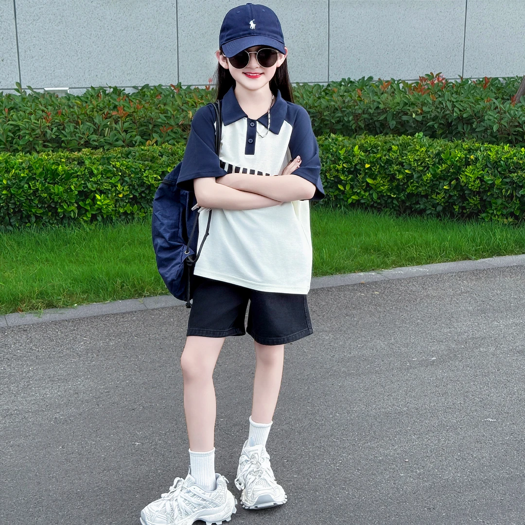 女童2025新款韩版洋气时髦宽松拼接POLO衫T恤休闲牛仔短裤套装潮