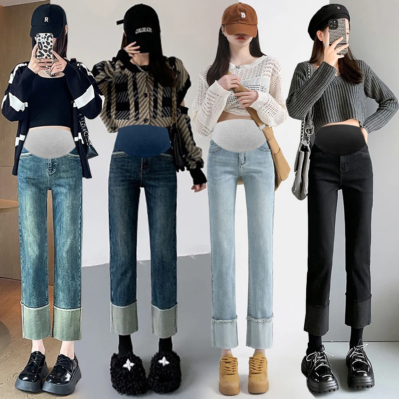 孕妇牛仔裤小个子2025春季新款直筒烟管九分裤百搭显瘦高腰托腹裤