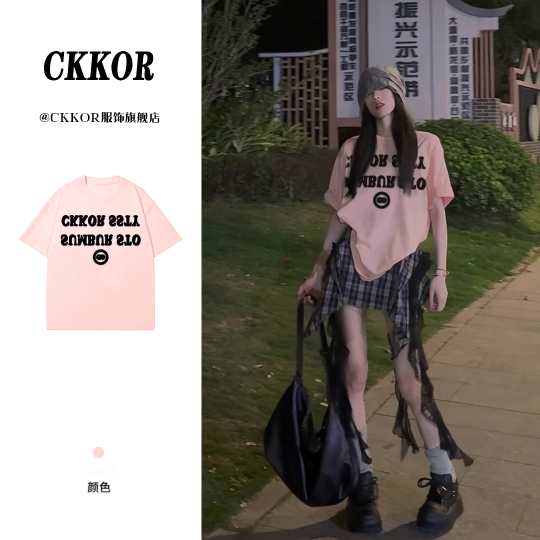 CKKOR夏季新款美式潮牌穿搭圆领短袖t恤女小众风字母印花穿搭上衣