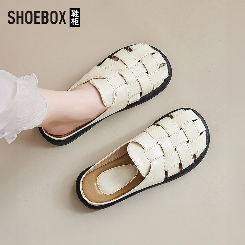 SHOEBOX鞋柜罗马凉拖鞋女爆款2025夏凉鞋外穿包头编织半拖猪笼鞋
