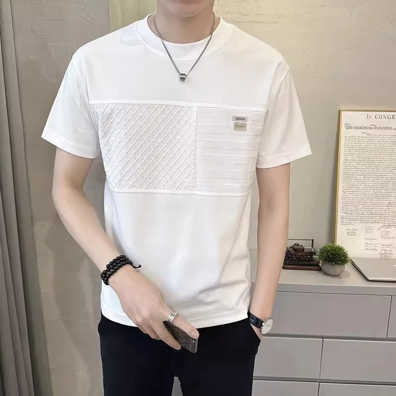 痞帅慵懒风男装男士拼接短袖T恤潮流时尚百搭设计师男装高级感