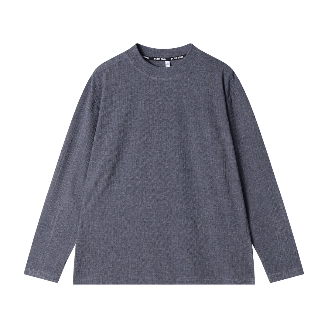 早春新款时尚个性韩版纯色提花圆领长袖T恤男女同款百搭套头上衣