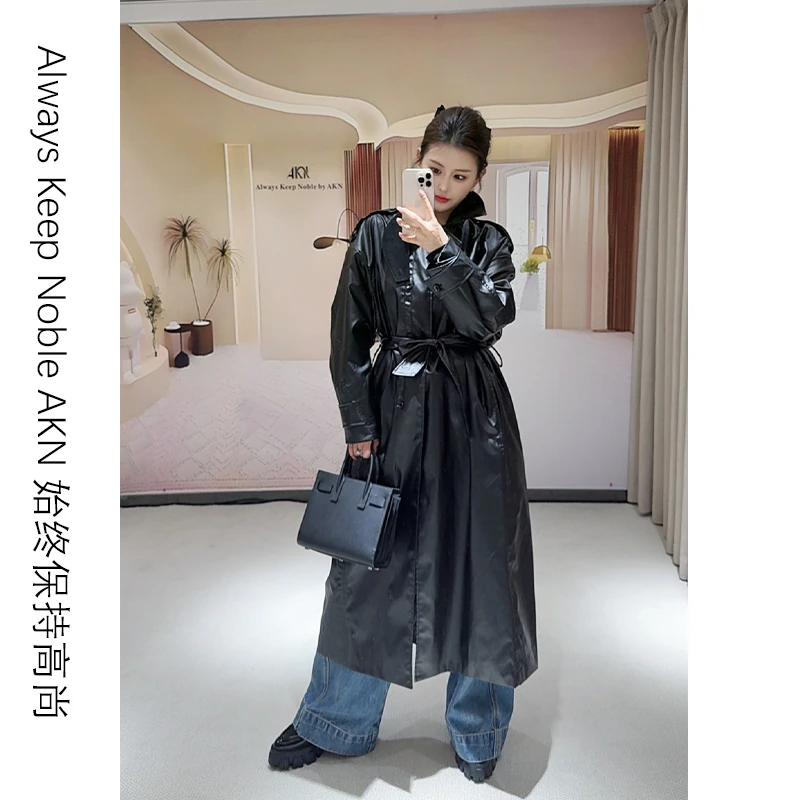 艾珂妮8090【皮风衣】时尚系带春秋翻领西装领法式长款皮风衣