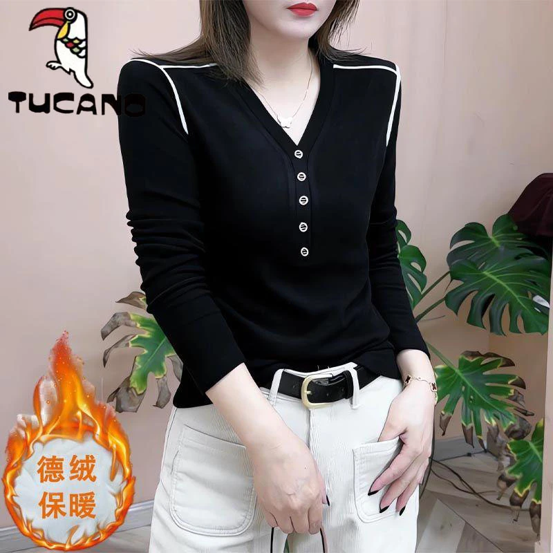 【啄木鸟】德绒气质打底衫女长袖新款秋冬季修身V领显瘦百搭上衣