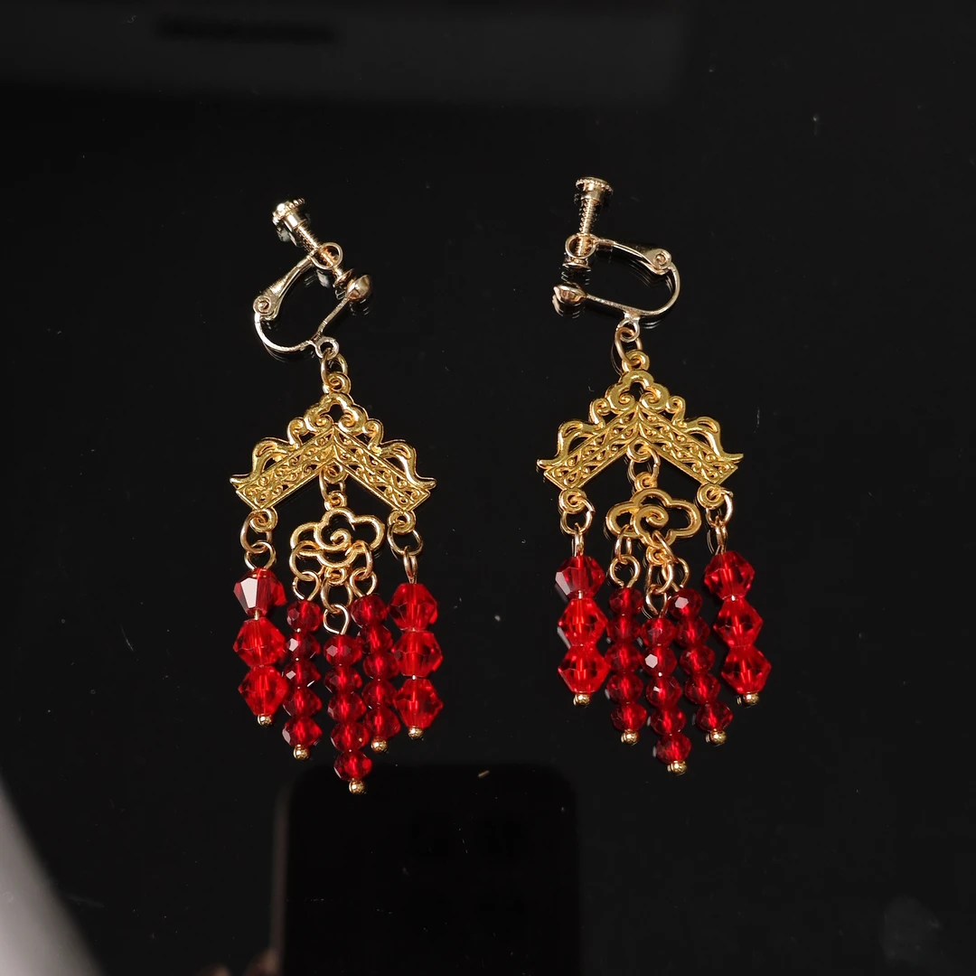 非金属仿水晶耳饰 2110中式秀禾服红金耳环简单百搭耳夹汉服古装