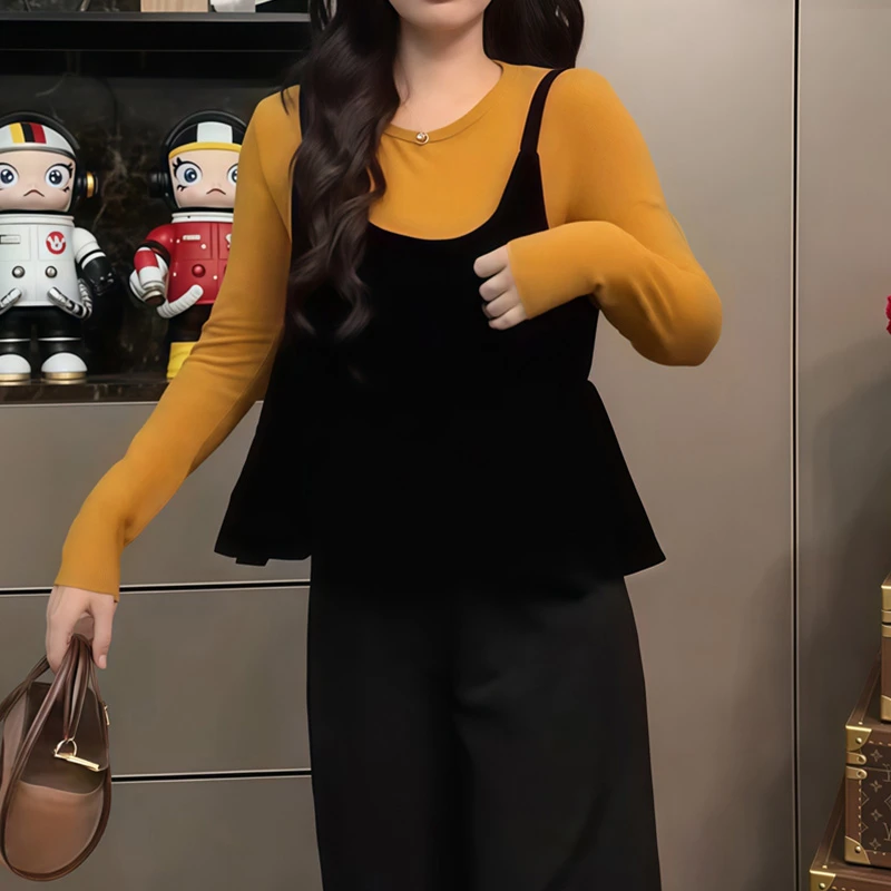 韩系穿搭秋季新款时尚休闲黑色丝绒吊带+黄色打底T恤两件套装女