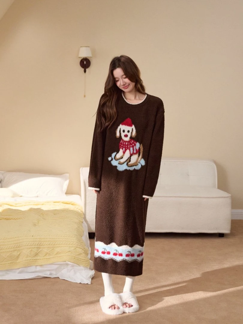 卡通冬款半边绒保暖睡裙中长款睡裙家居服冬季