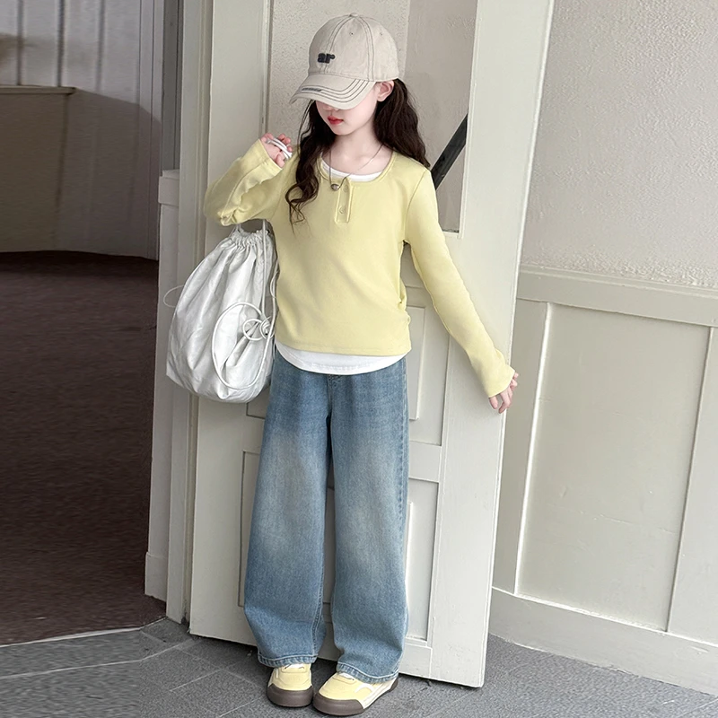 女童套装春秋2025新款儿童洋气假两件春季女大童韩版长袖两件套潮