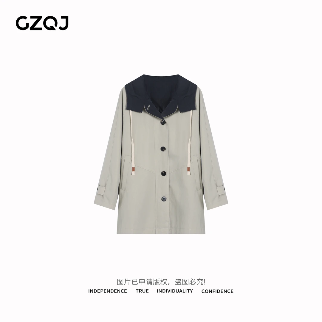 广州琴姐【心动飒影】休闲百搭宽松中长款连帽风衣外套女春季8706