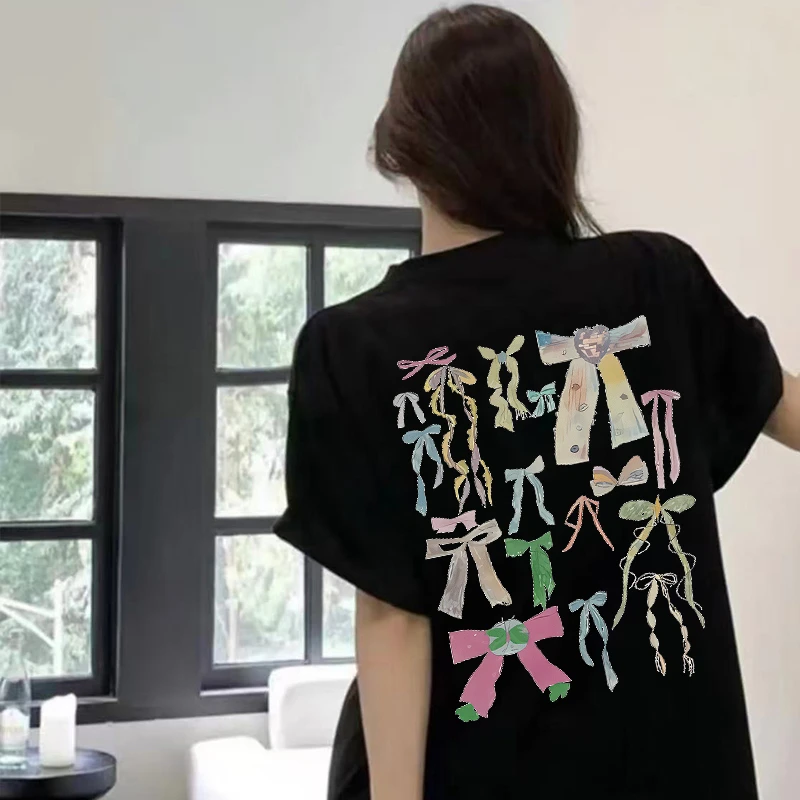 纯棉夏季后背蝴蝶结t恤女情侣新款设计感小众宽松半袖上衣