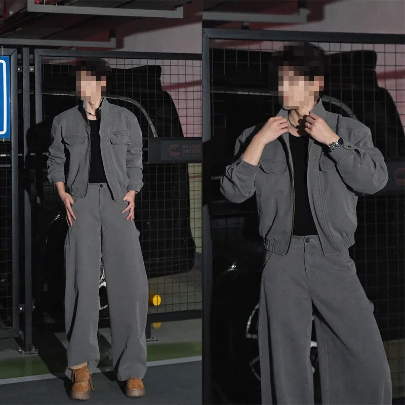 龙刀刀秋季小众潮流复古工装设计感百搭立领夹克宽松阔腿长裤套装