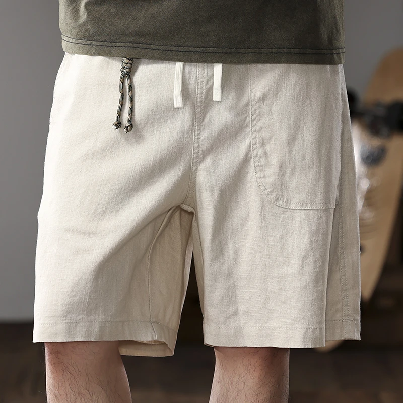 苎麻休闲短裤男潮流宽松直筒五分裤透气欧美简约中裤高端沙滩裤男