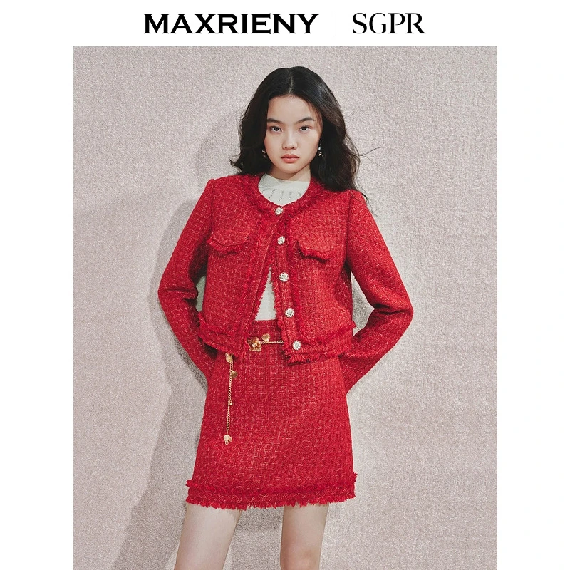 MAXRIENY2024冬新年红短外套红色短款小香风秋冬轻奢洋气