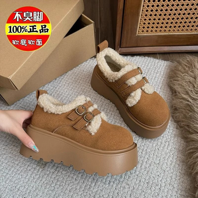 厚底增高勃肯鞋毛毛鞋女冬季外穿2024新款小个子坡跟加绒保暖棉鞋