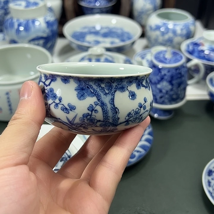 微瑕柴窑工笔松竹梅薄胎炉式杯