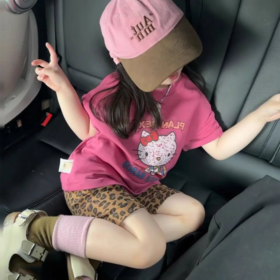 女童韩系夏套装2025新款粉色超好看短袖t恤豹纹短裤女宝宝两件套