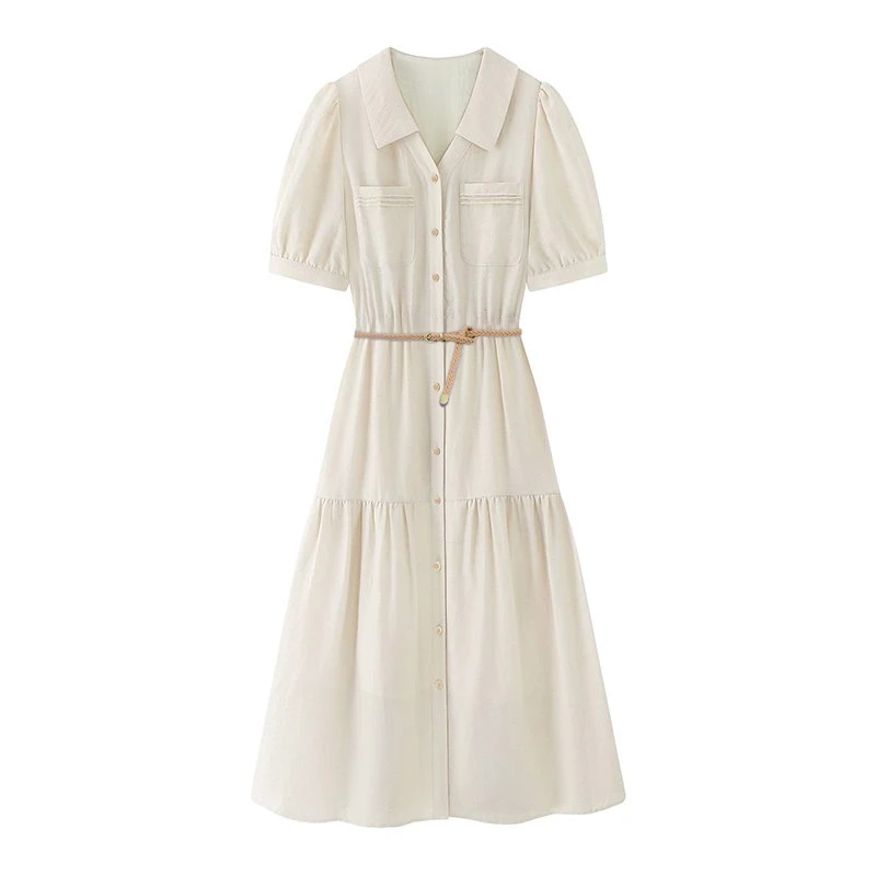 温柔女神范！自带邹感法式复古气质翻领显瘦收腰排扣连衣裙