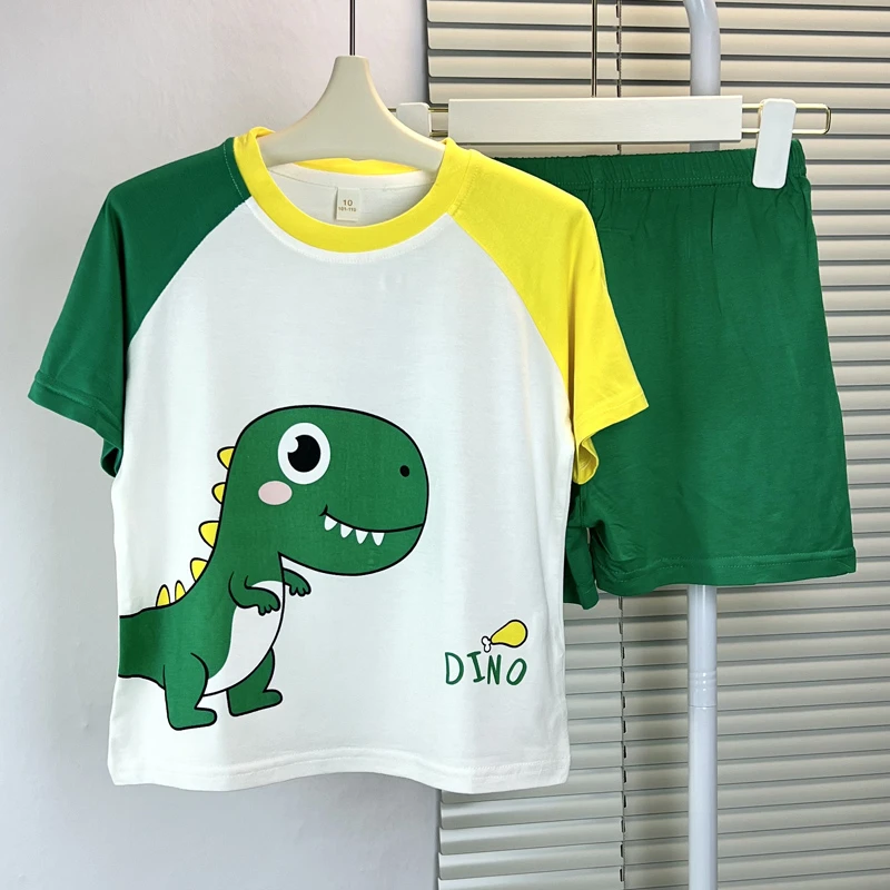 莫代尔男童睡衣儿童夏季薄款短袖短裤套装大童冰丝恐龙家居服新款
