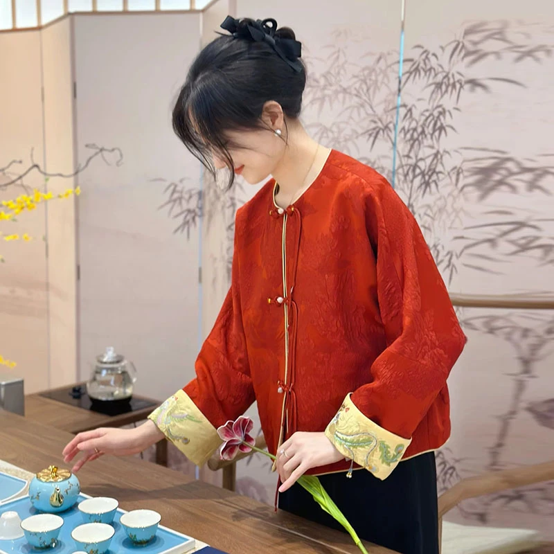 新中式国风女装盘扣上衣2025春季新款高级感复古洋气衣服红色外套