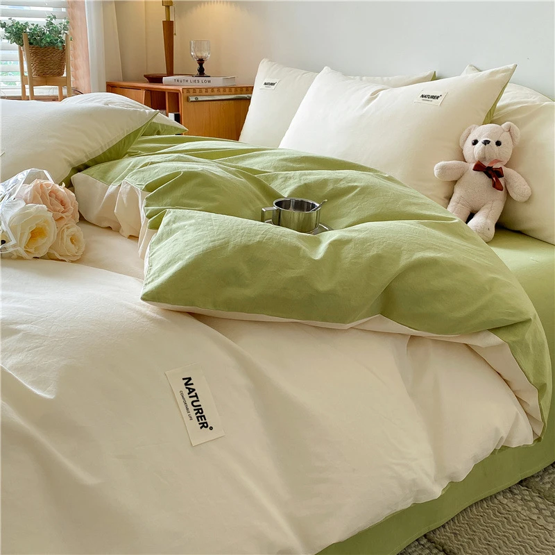 新款小清新a类简约四件套被套水洗棉床上用品纯色床单被罩三件套
