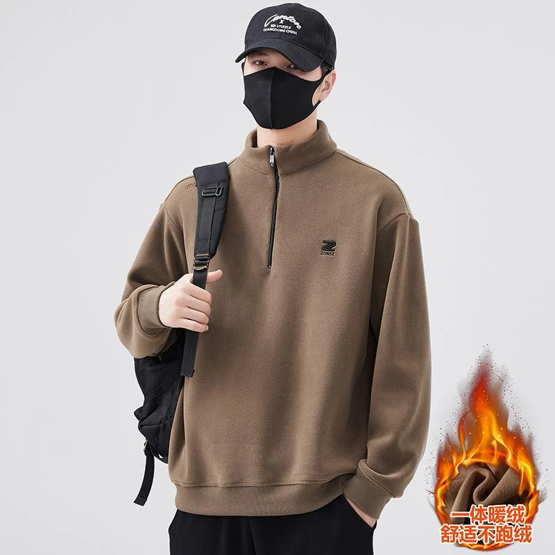 半高领奥粒绒卫衣男秋冬季日系复古刺绣加绒加厚外套双面绒打底衫