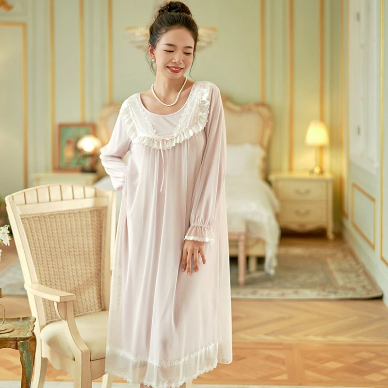 苏雅婷新款宫廷风蕾丝花边圆领长袖网纱睡裙春秋甜美居家服长裙