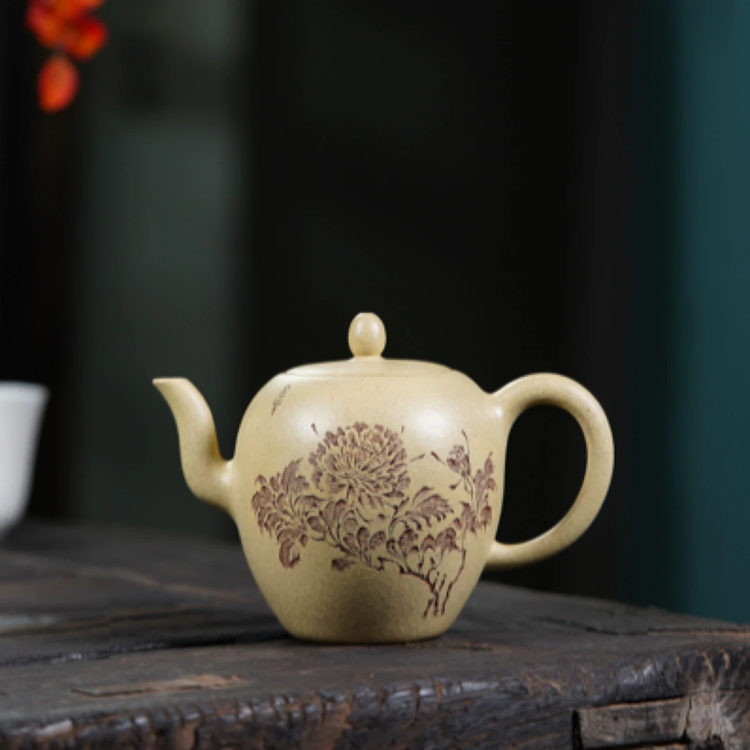美人肩紫砂壶本山绿泥全手工制刻绘牡丹