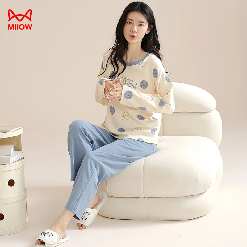 MiiOW/猫人蓝色简约女士纯棉睡衣春秋季新款休闲宽松可外穿家居服