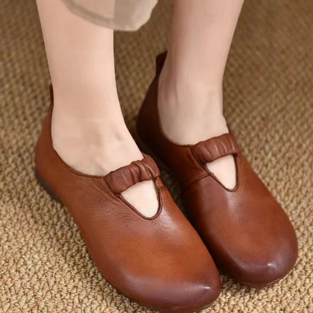 经典复古女鞋皮鞋舒适平底春秋款轻便棕色民族手工名族风A33