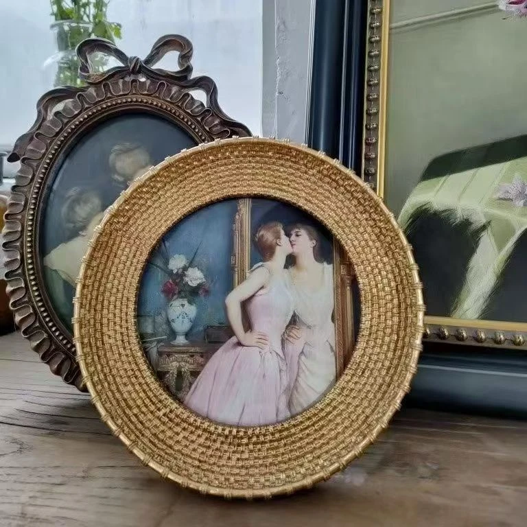复古法式圆形编织相框玄关中古摆件餐厅客厅背景墙挂画床头画框