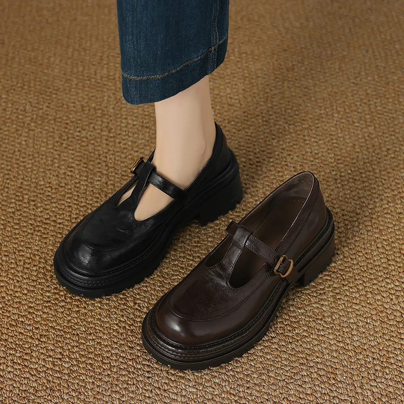 2025春秋新款一字式扣带玛丽珍女鞋粗跟百搭高跟厚底学院风乐福鞋