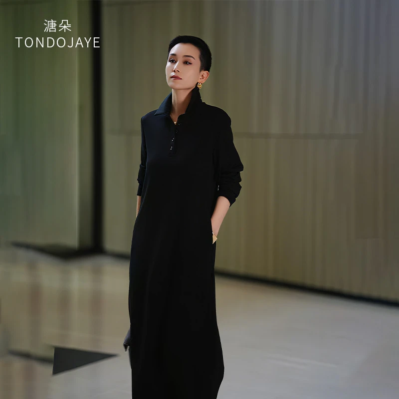 溏朵记2024秋冬新款长袖POLO领显瘦气质休闲宽松连衣裙polo裙6002