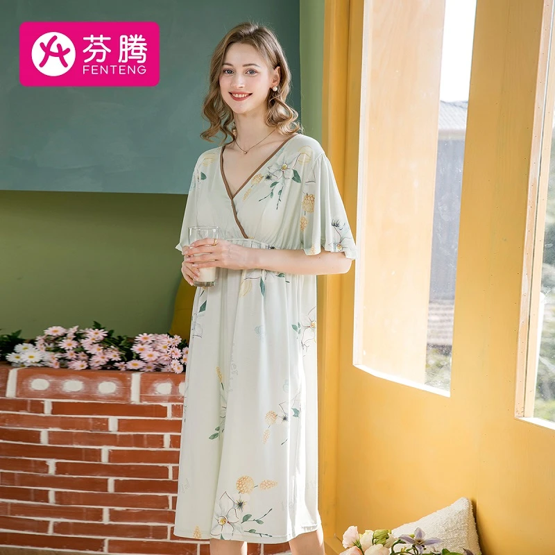 芬腾【自带胸垫】睡裙家居服胸垫中长款免穿透气薄款夏天植物花卉