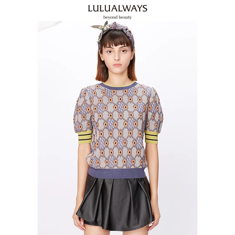 LULUALWAYS2021秋季新款法式复古圆领印花显瘦毛针织衫OMC0005